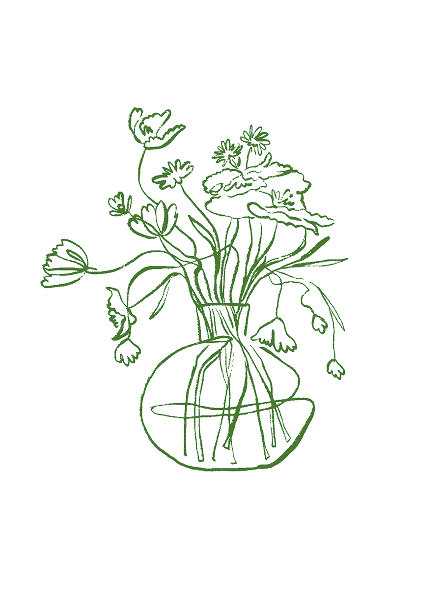 Illustration von Blumen in einer Vase mit grünen Linien auf weißem Hintergrund.