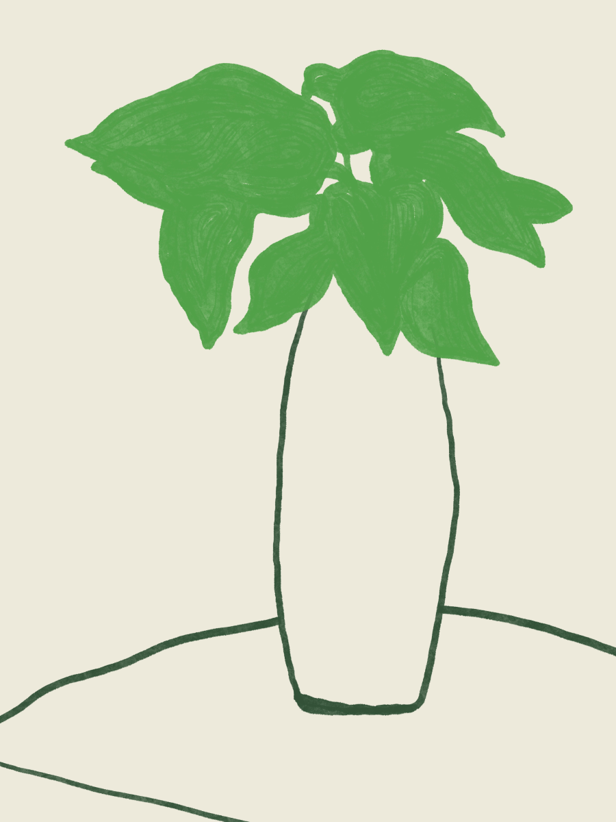 Illustration einer Pflanze mit grünen Blättern in einer Vase auf hellbeigem Hintergrund.