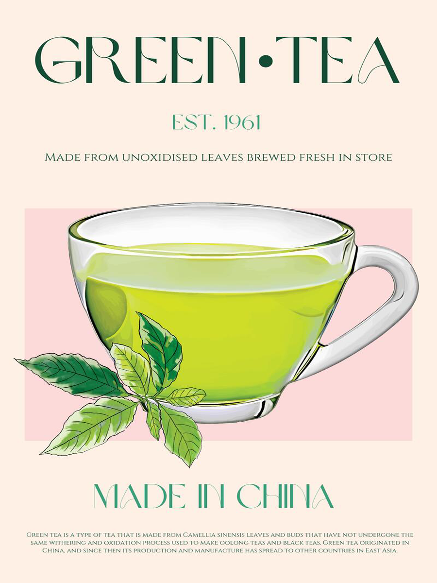 Illustration einer Tasse grünen Tees mit rosa Hintergrund und grünem Text.