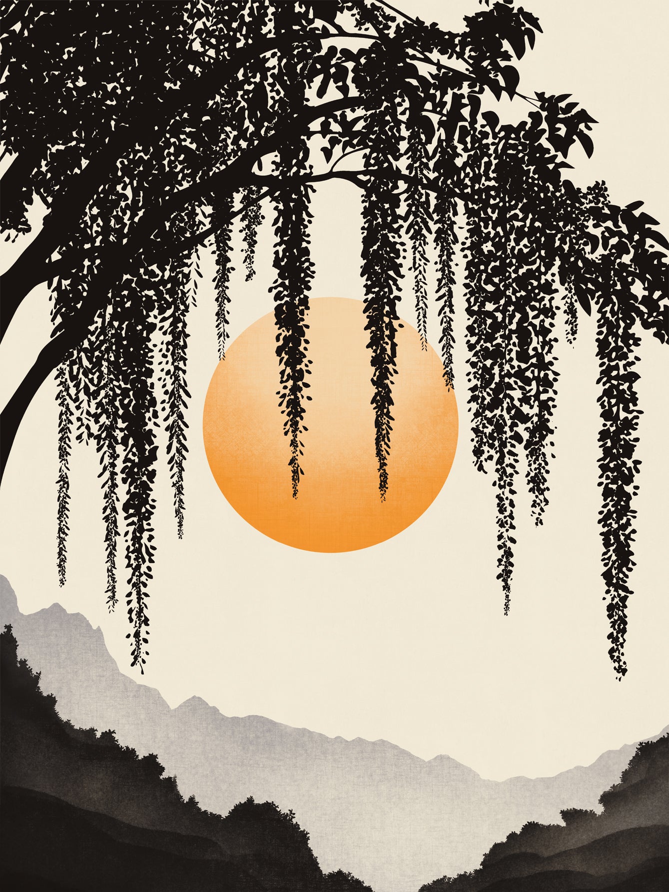 Grafische Illustration eines orangefarbenen Kreises zwischen schwarzen Ästen und Blättern mit beigem Hintergrund.