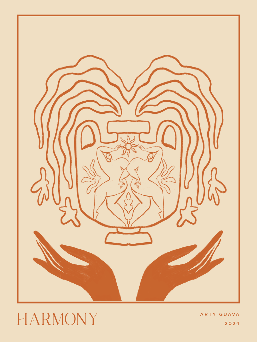 Illustration einer Vase mit Pflanzen in Beige und Braun, darunter zwei Hände und der Text Harmony.