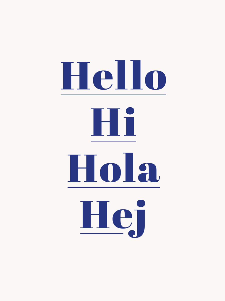 Begrüßungsposter mit dem Text Hello Hi Hola Hej in Blau auf weißem Hintergrund.