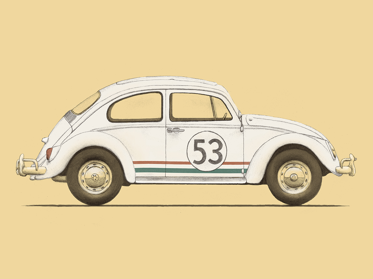 Illustration eines klassischen weißen Autos mit der Nummer 53 auf gelbem Hintergrund.