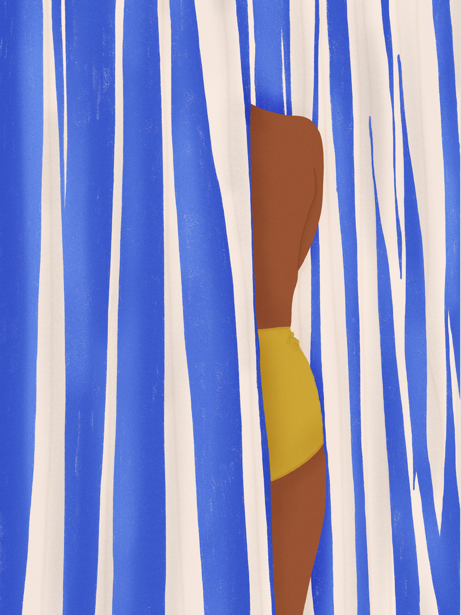 Illustration einer Frau, die eine Tasse Kakao umarmt, auf blauem Hintergrund.