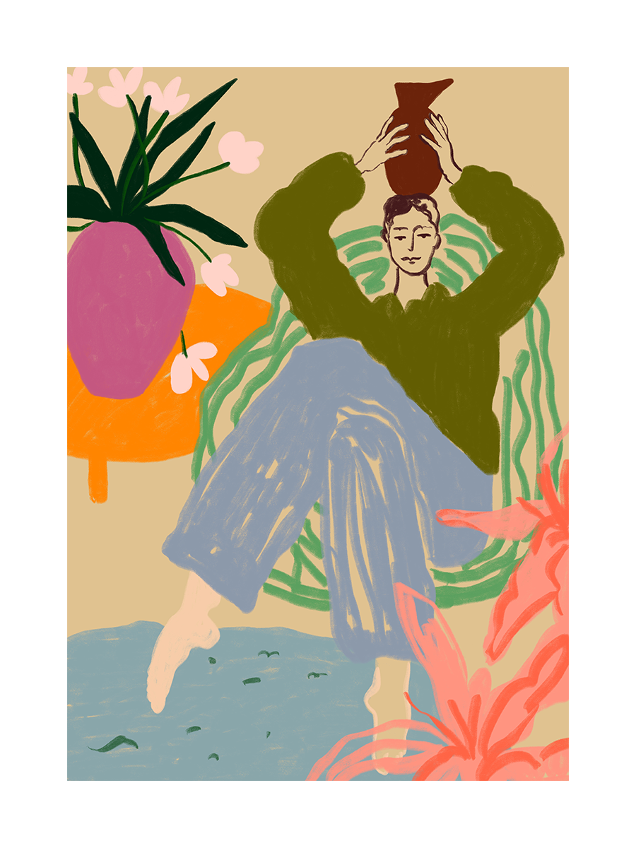 Illustration einer Person, die einen Topf über dem Kopf hält, umgeben von Pflanzen.
