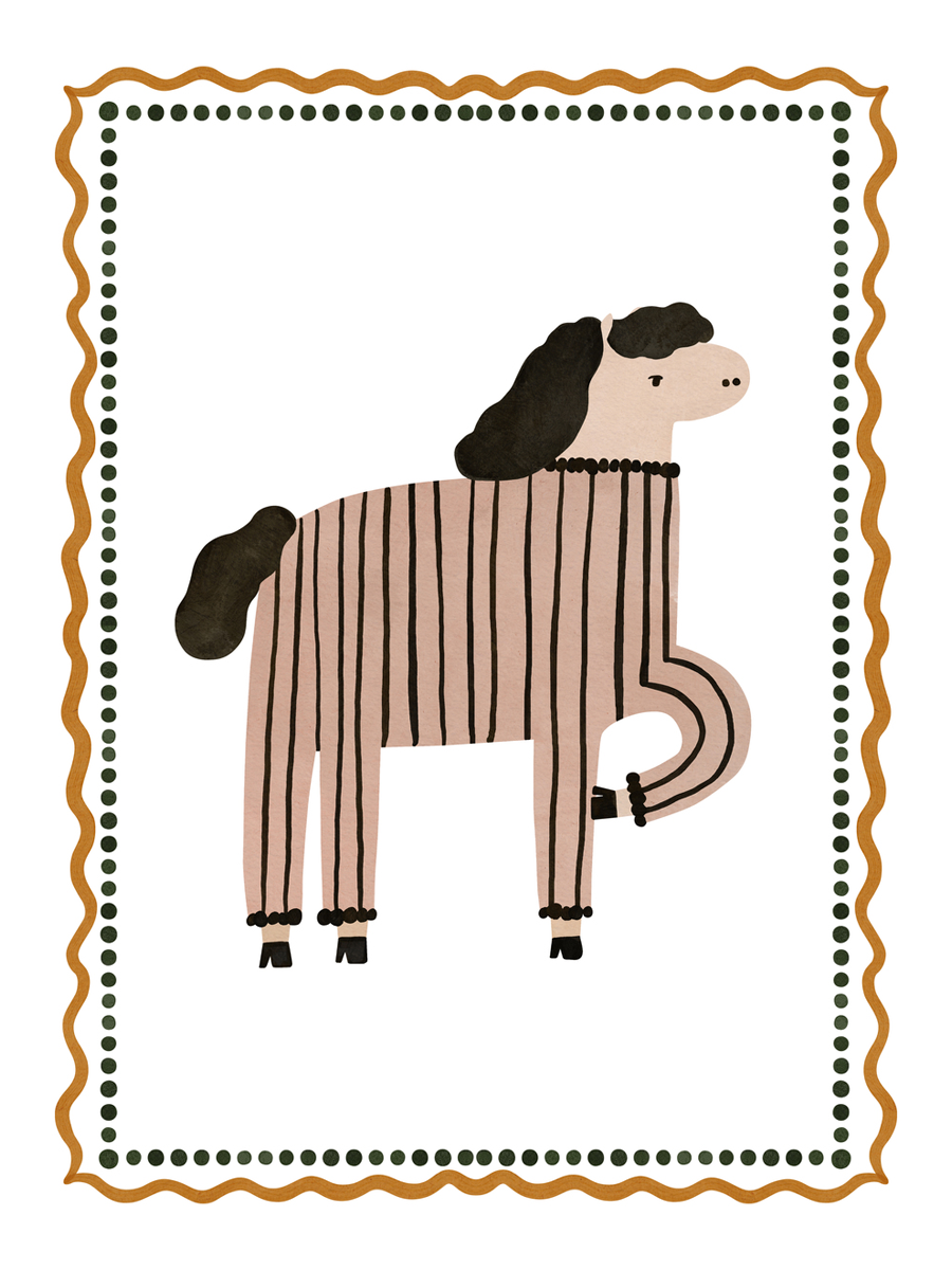 Illustration eines Pferdes mit lockiger Mähne und gestreiftem Anzug auf weißem Hintergrund.