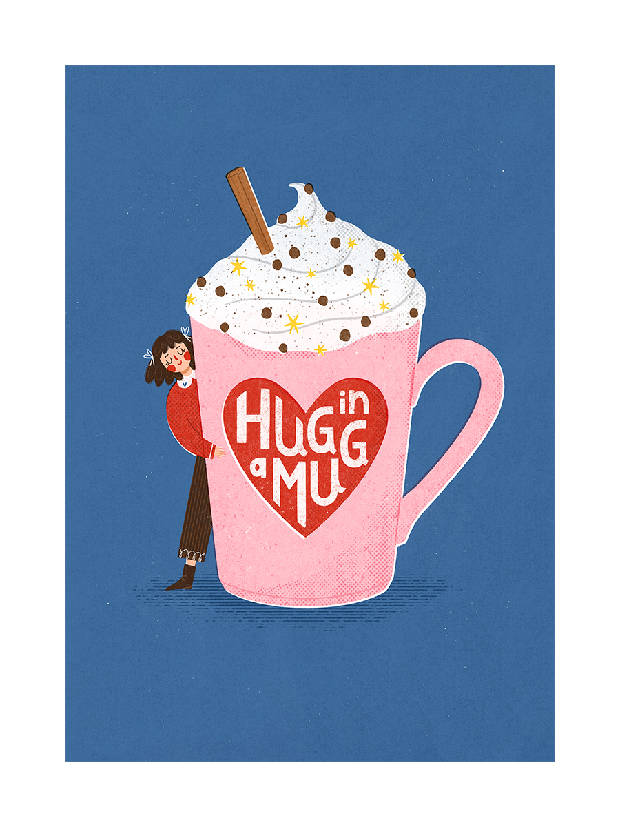 Illustration einer Frau, die eine Tasse Kakao umarmt, auf blauem Hintergrund.