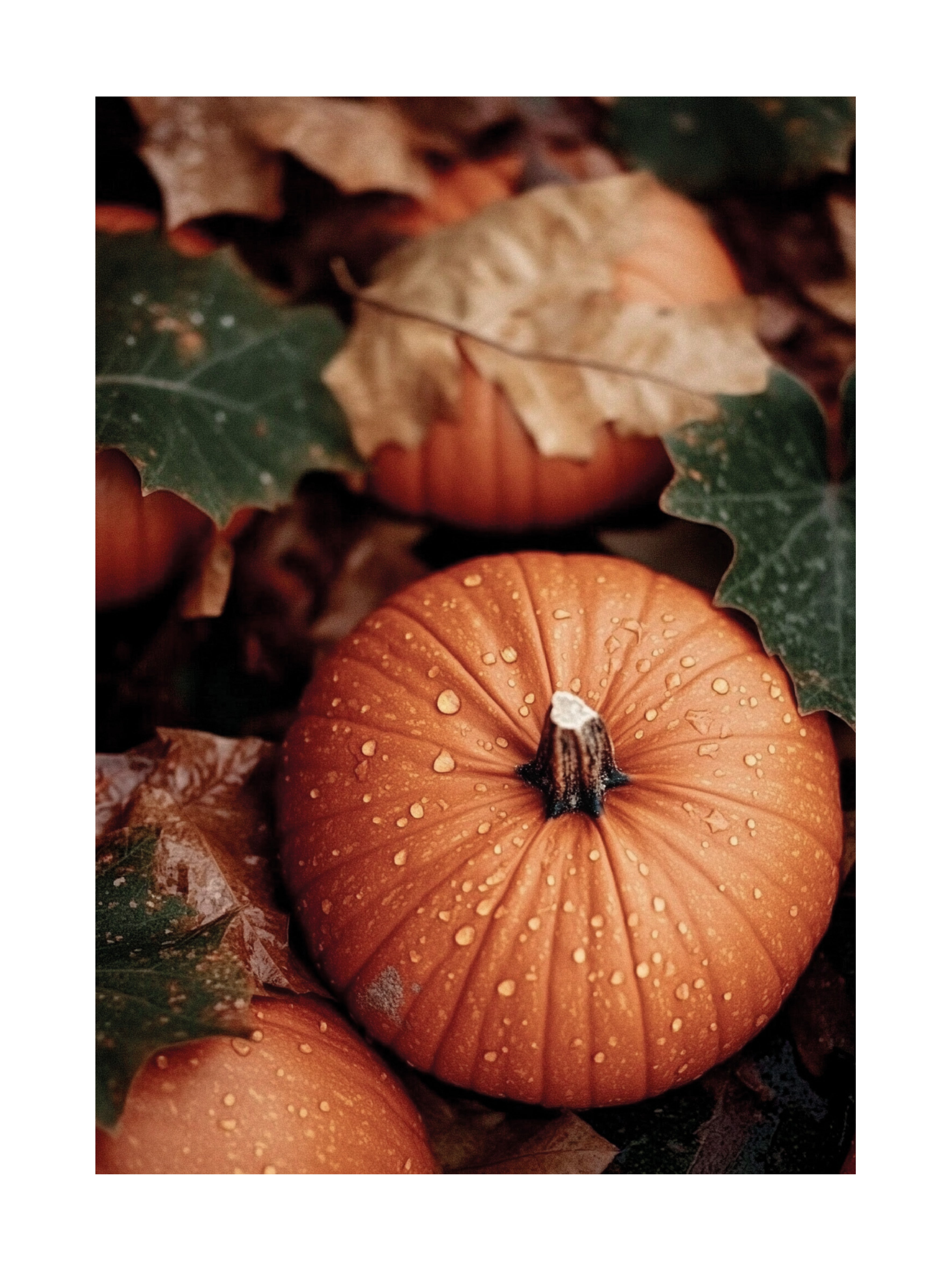 Ein Kürbis im Herbstlaub mit Wassertropfen bedeckt.
