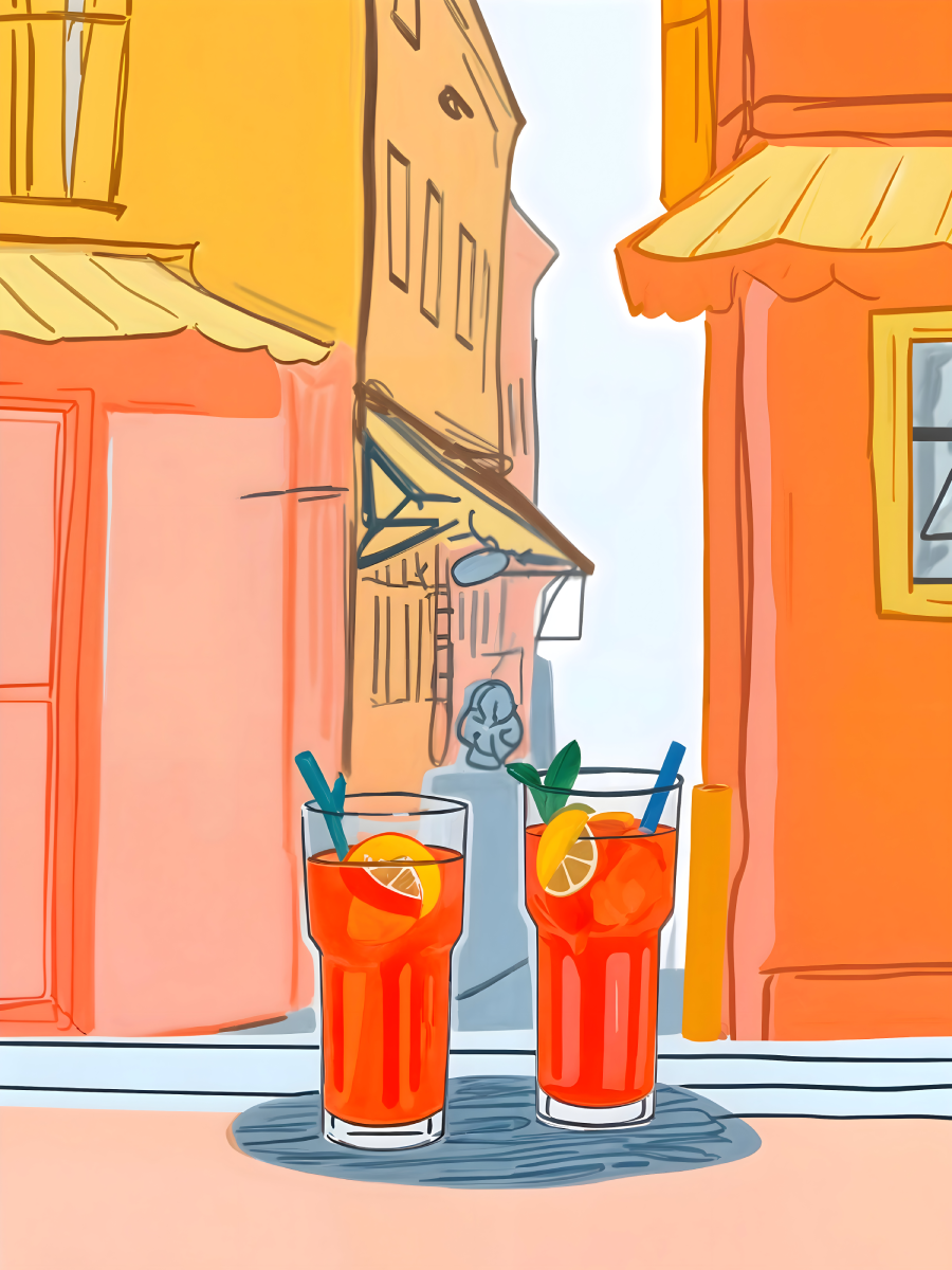 Illustration von zwei Aperol Spritz vor einer italienischen Stadtlandschaft.