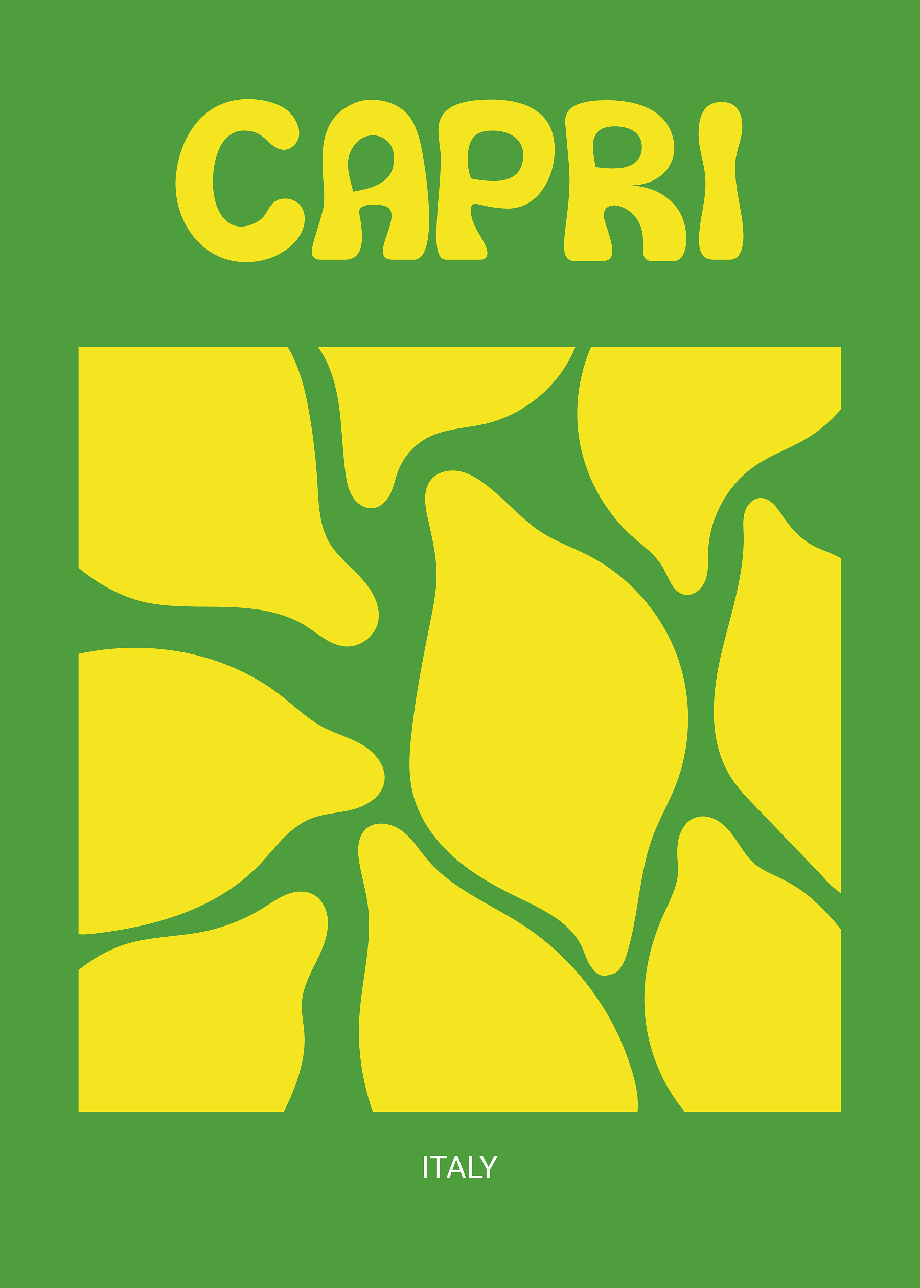 Grafische Illustration von gelben Zitronen auf grünem Hintergrund mit dem Text Capri Italy.
