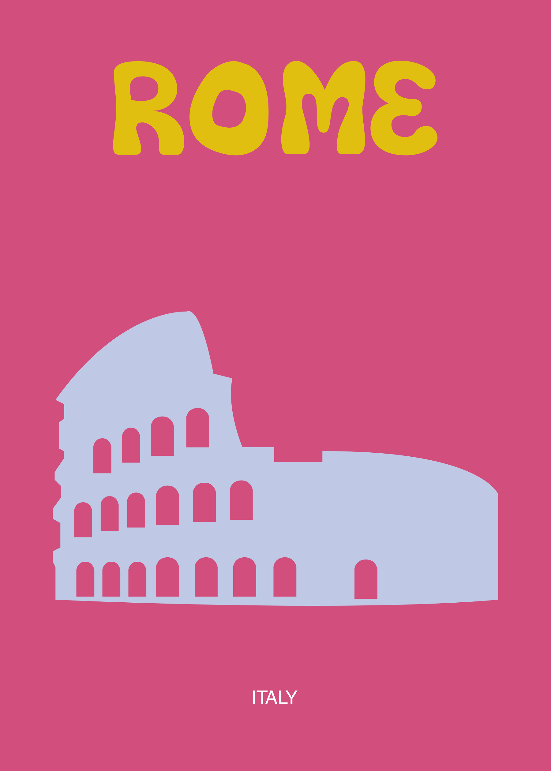 Poster des Kolosseums in Rom mit rosa Hintergrund und gelbem Schriftzug "Rome".