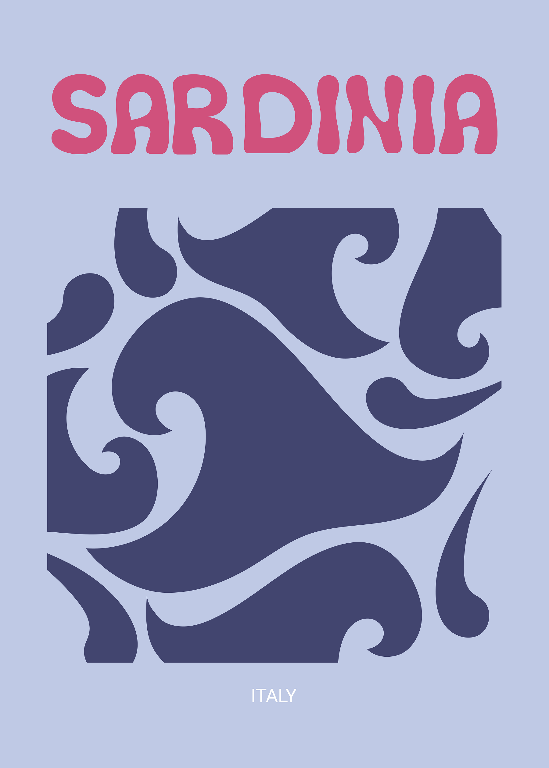 Grafische Illustration mit wellenförmigem Muster in Dunkelblau auf Hellblau mit dem Text "Sardinia" oben und "Italy" unten.