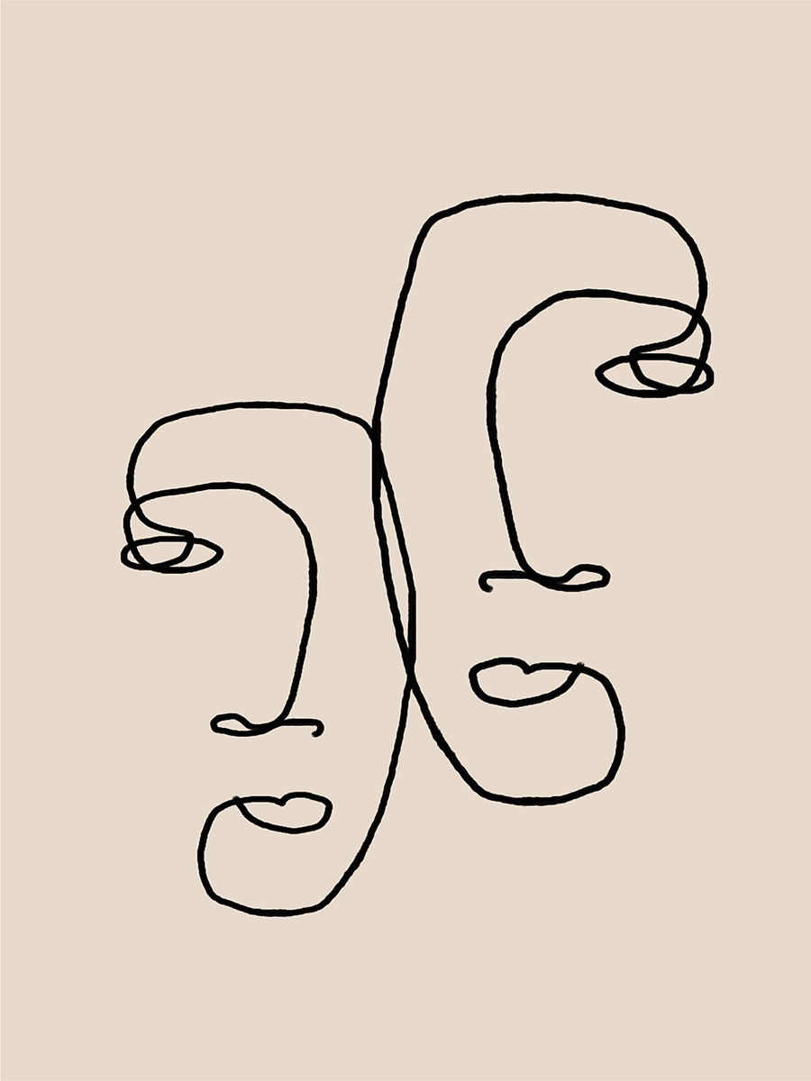 Zwei gezeichnete Gesichter in Line-Art auf beigem Hintergrund.