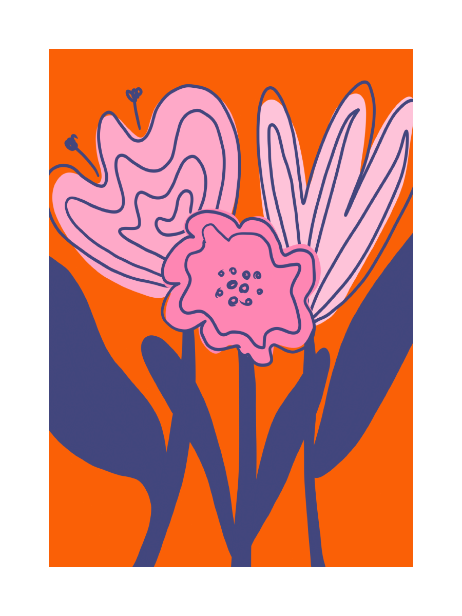 Illustration von rosa und lila Blumen auf einem orangefarbenen Hintergrund.