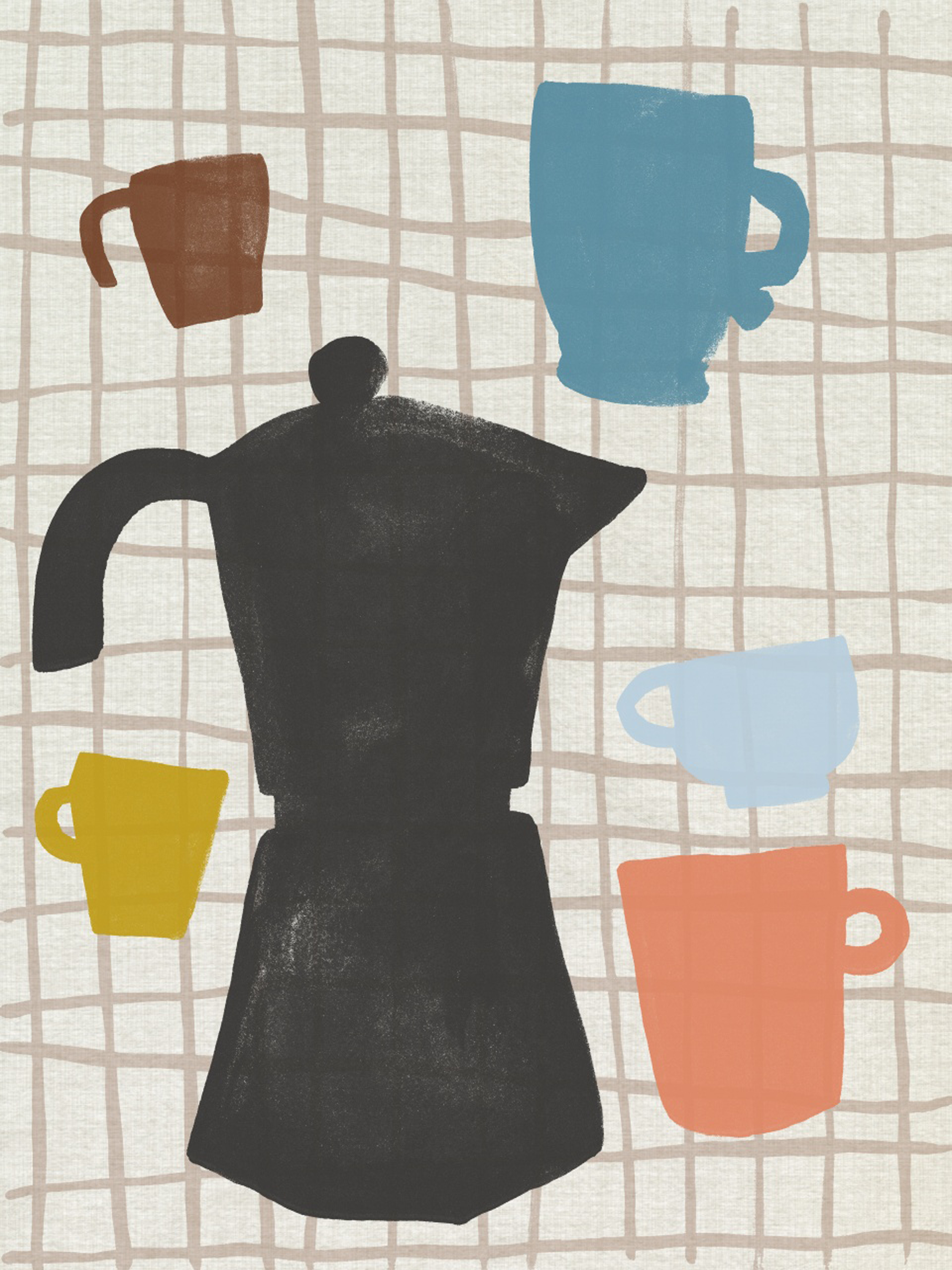 Schwarze Kaffeekanne und bunte Tassen auf kariertem Hintergrund.