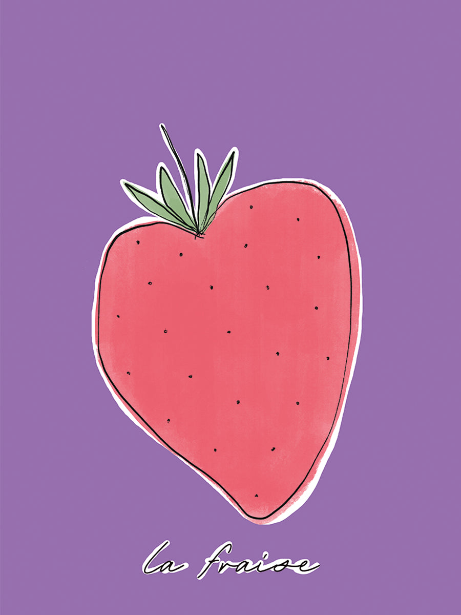 Handgezeichnete Erdbeere auf lila Hintergrund mit dem Text „La Fraise“.