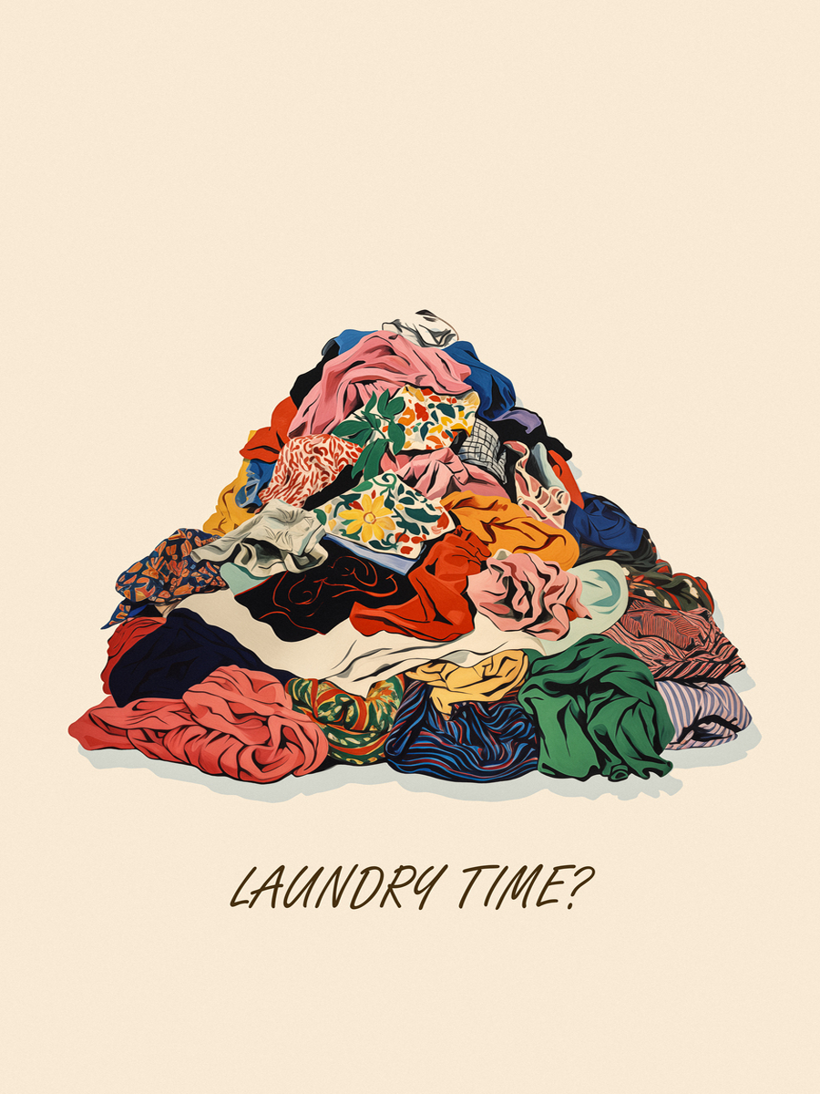 Poster mit einem Stapel bunter Kleidung und dem Text "Laundry time?" in Schwarz.