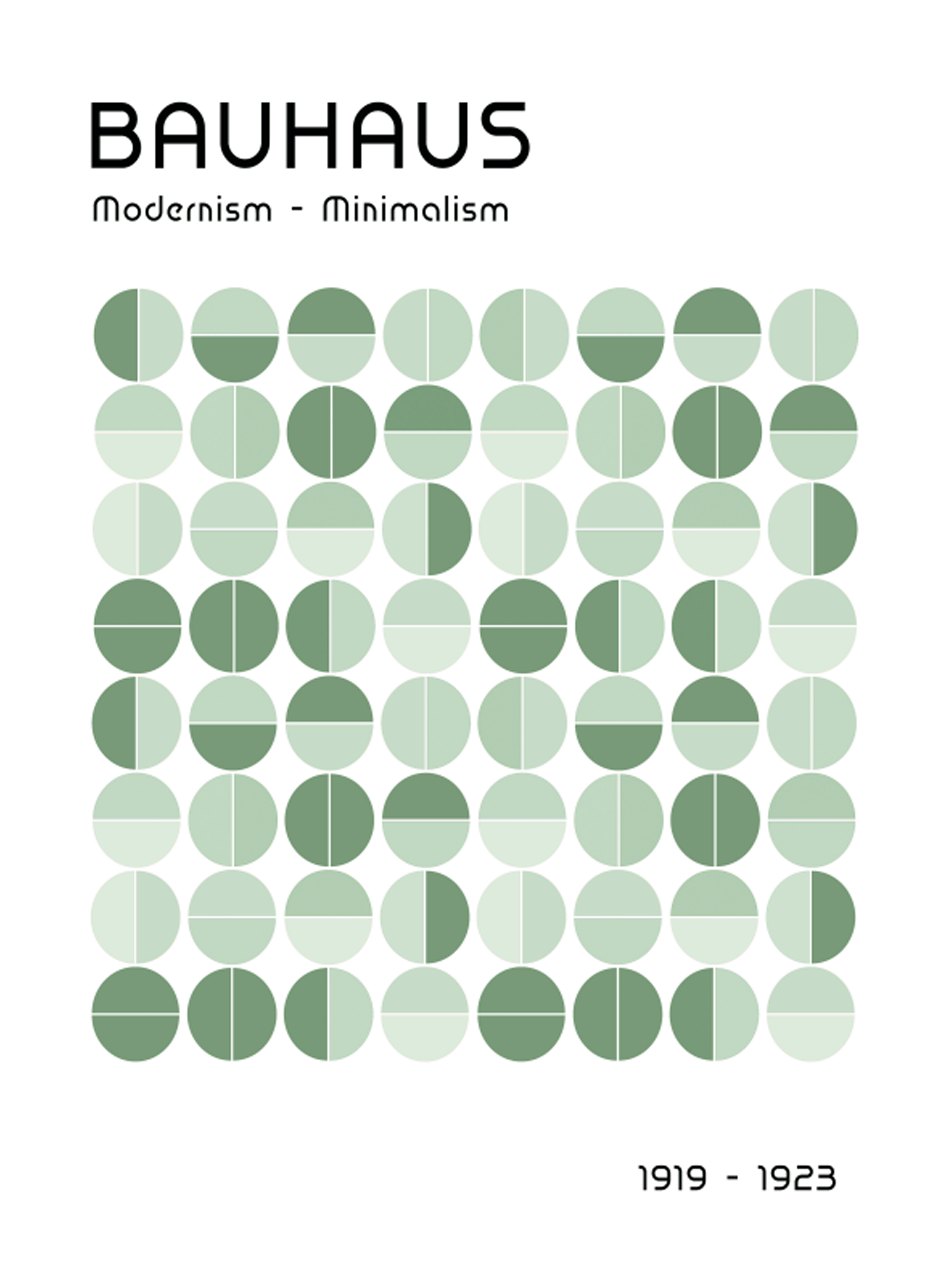 Grafische Illustration mit grünen Kreisen und schwarzem Text "Bauhaus, Modernism - Minimalism, 1919 - 1923" auf weißem Hintergrund.