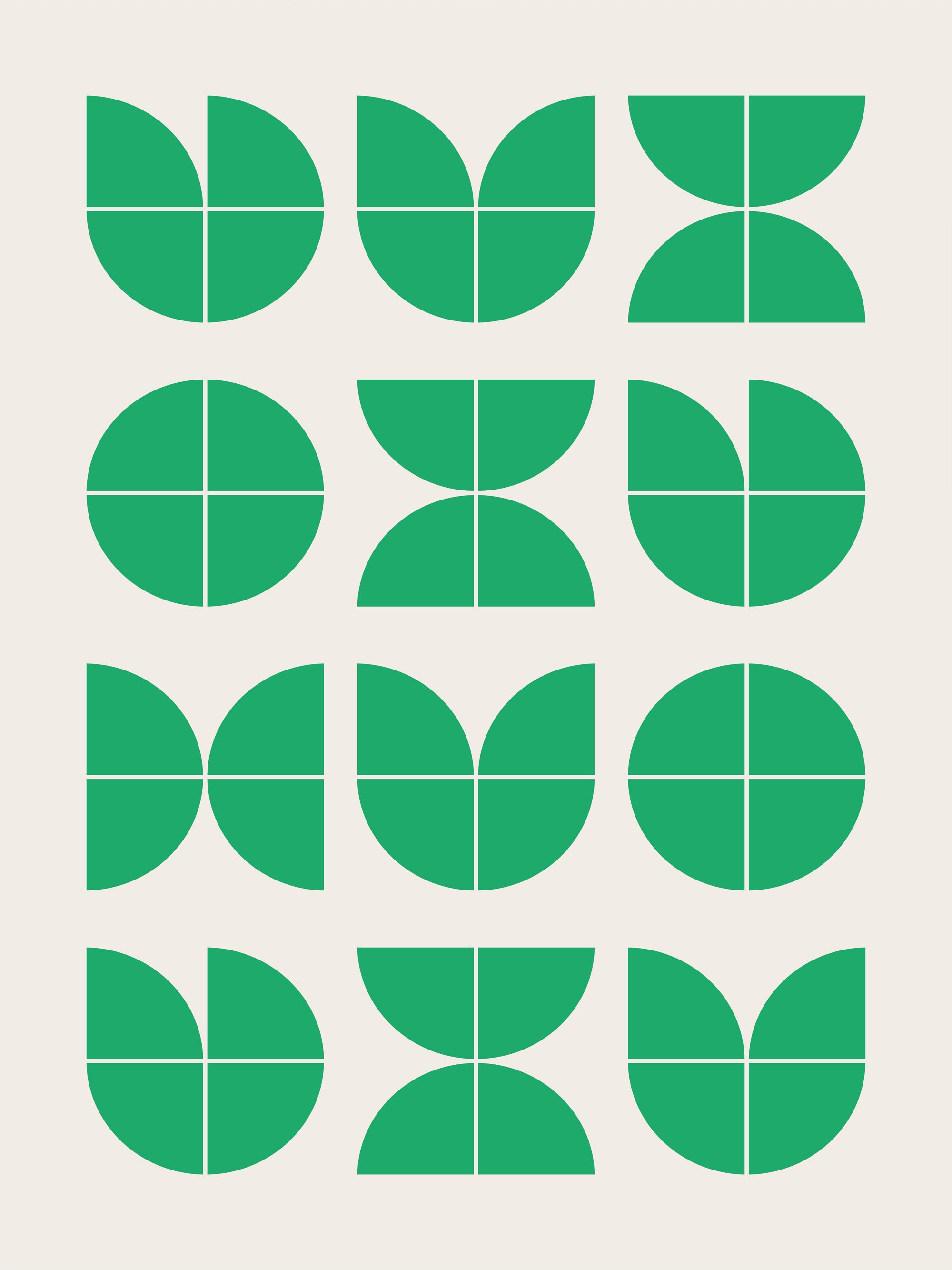 Grafische Illustration mit grünen geometrischen Formen auf einem hellbeigen Hintergrund.