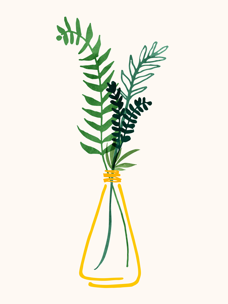 Illustration von grünen Blättern in einer gelben Vase auf einem hellbeigen Hintergrund.