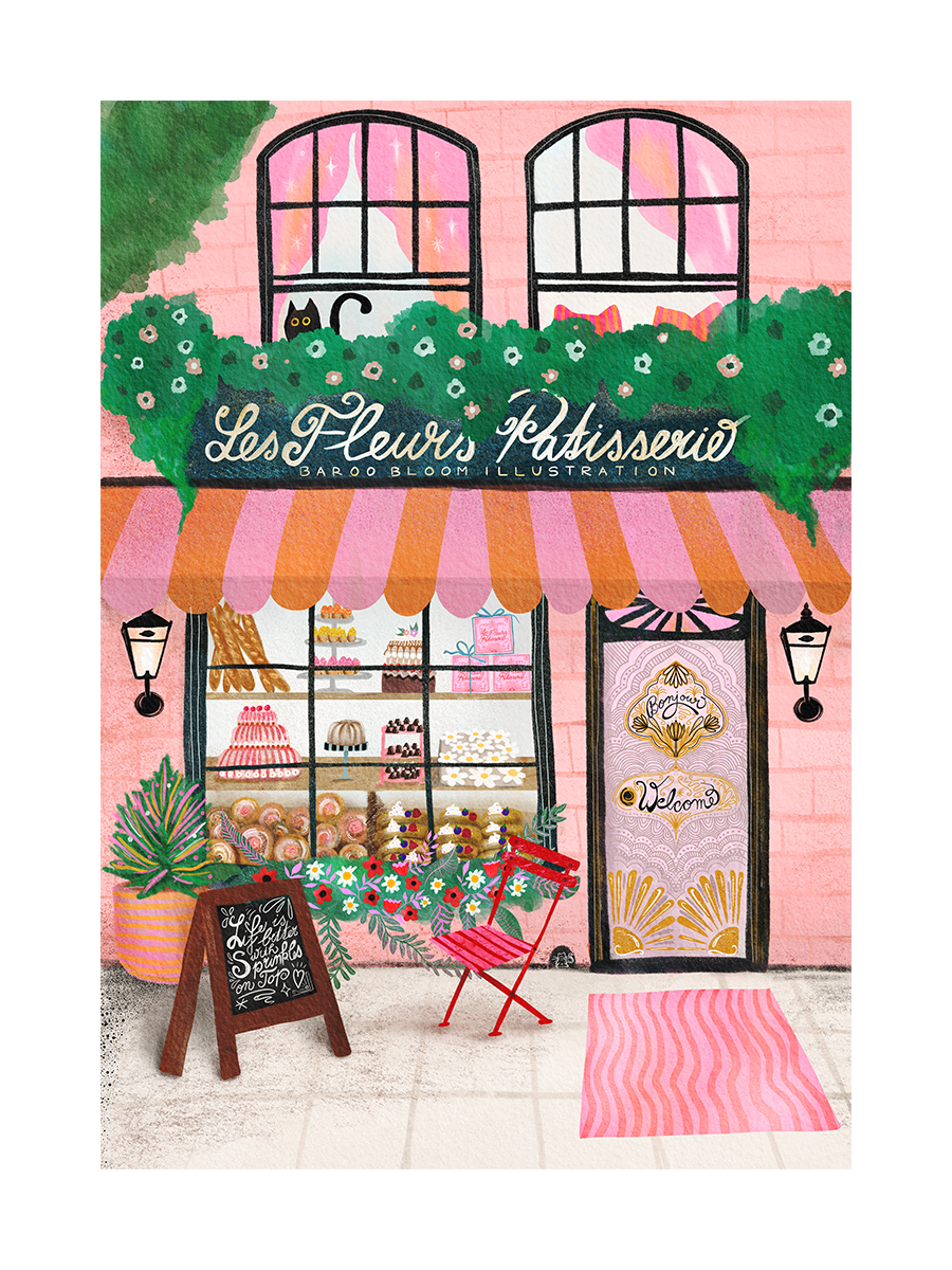 Illustration eines rosa Cafés mit einem roten Stuhl und Blumen draußen.