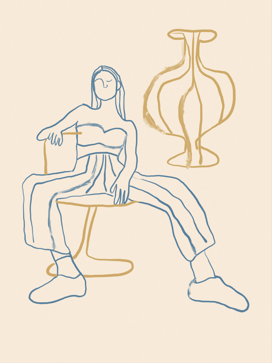 Line-Art-Illustration einer Frau auf einem Stuhl neben einer Vase in blauen und beigen Linien.