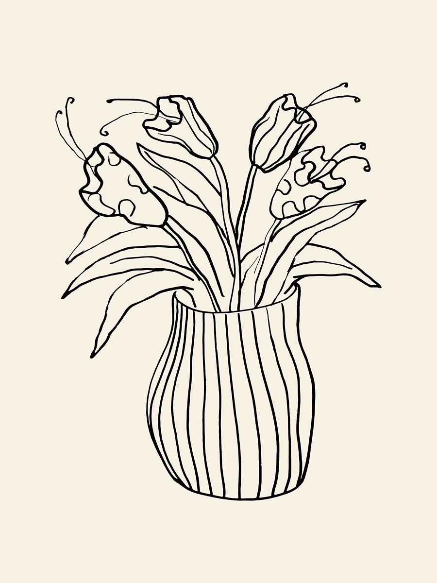Line-Art-Zeichnung einer gestreiften Vase mit Blumen auf einem beigefarbenen Hintergrund.