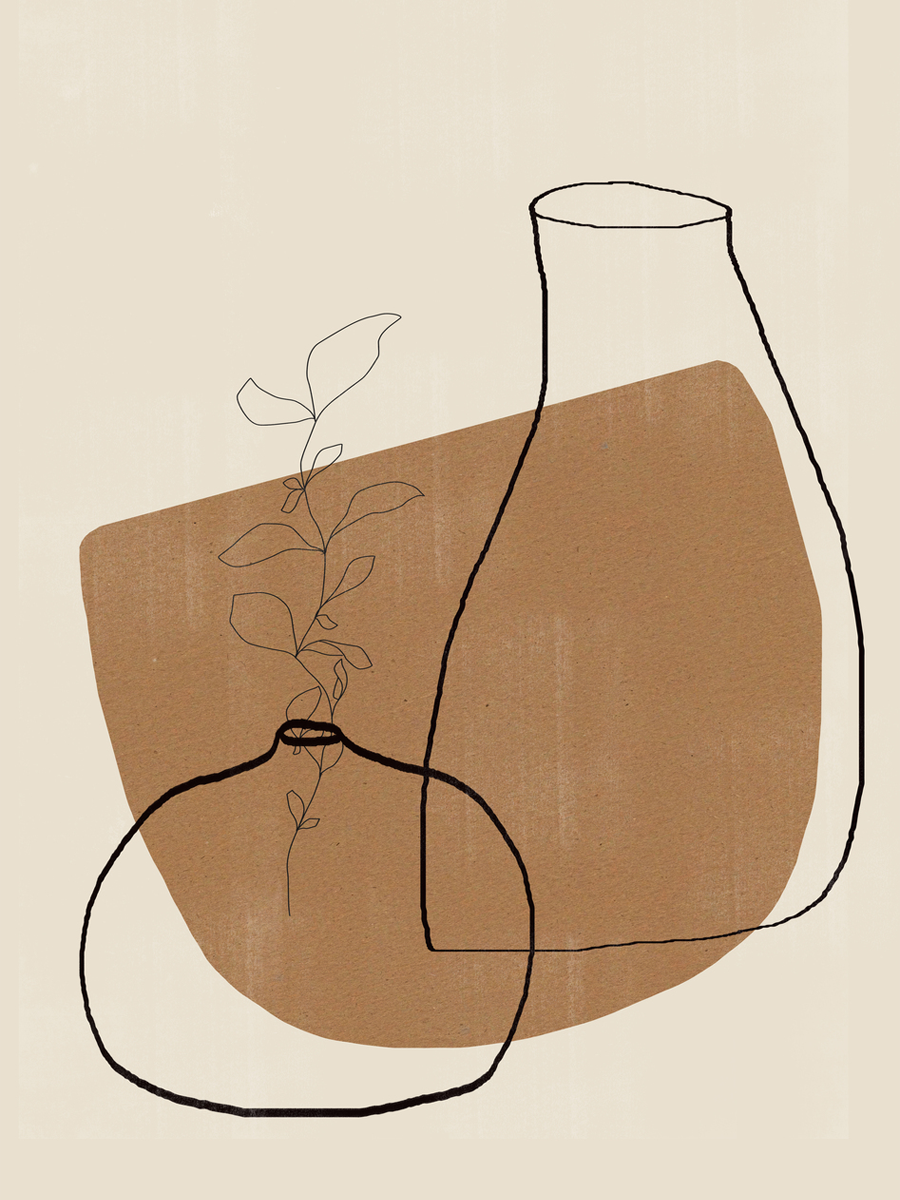 Grafische Illustration von zwei Vasen mit braunen Formen vor einem beigen Hintergrund.