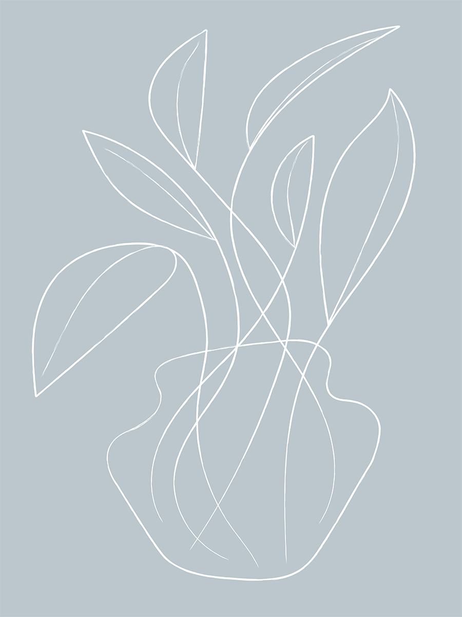 Minimalistisches Linienkunstposter einer Pflanze in einer Vase auf blauem Hintergrund.