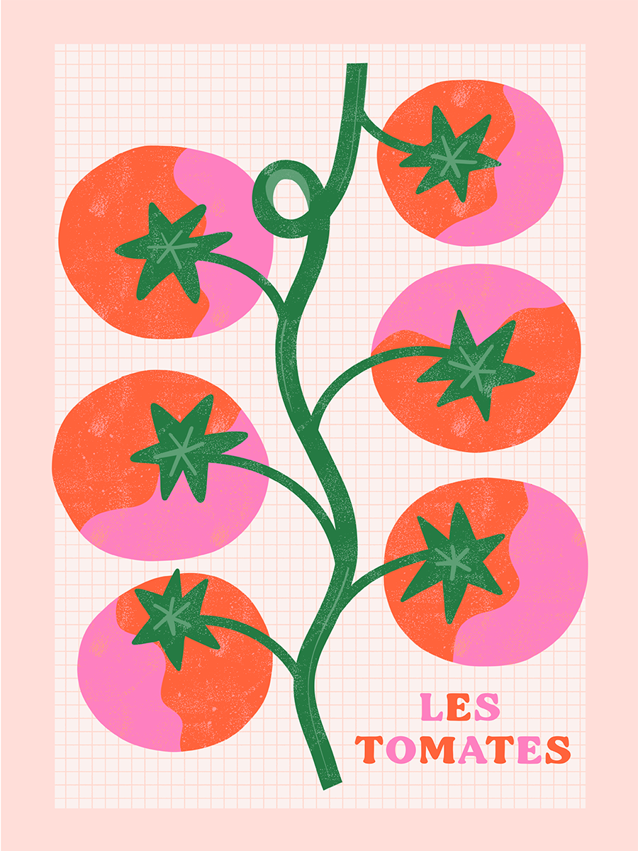 Illustration von roten und rosa Tomaten mit dem Text Les Tomates auf hellrosa Hintergrund.
