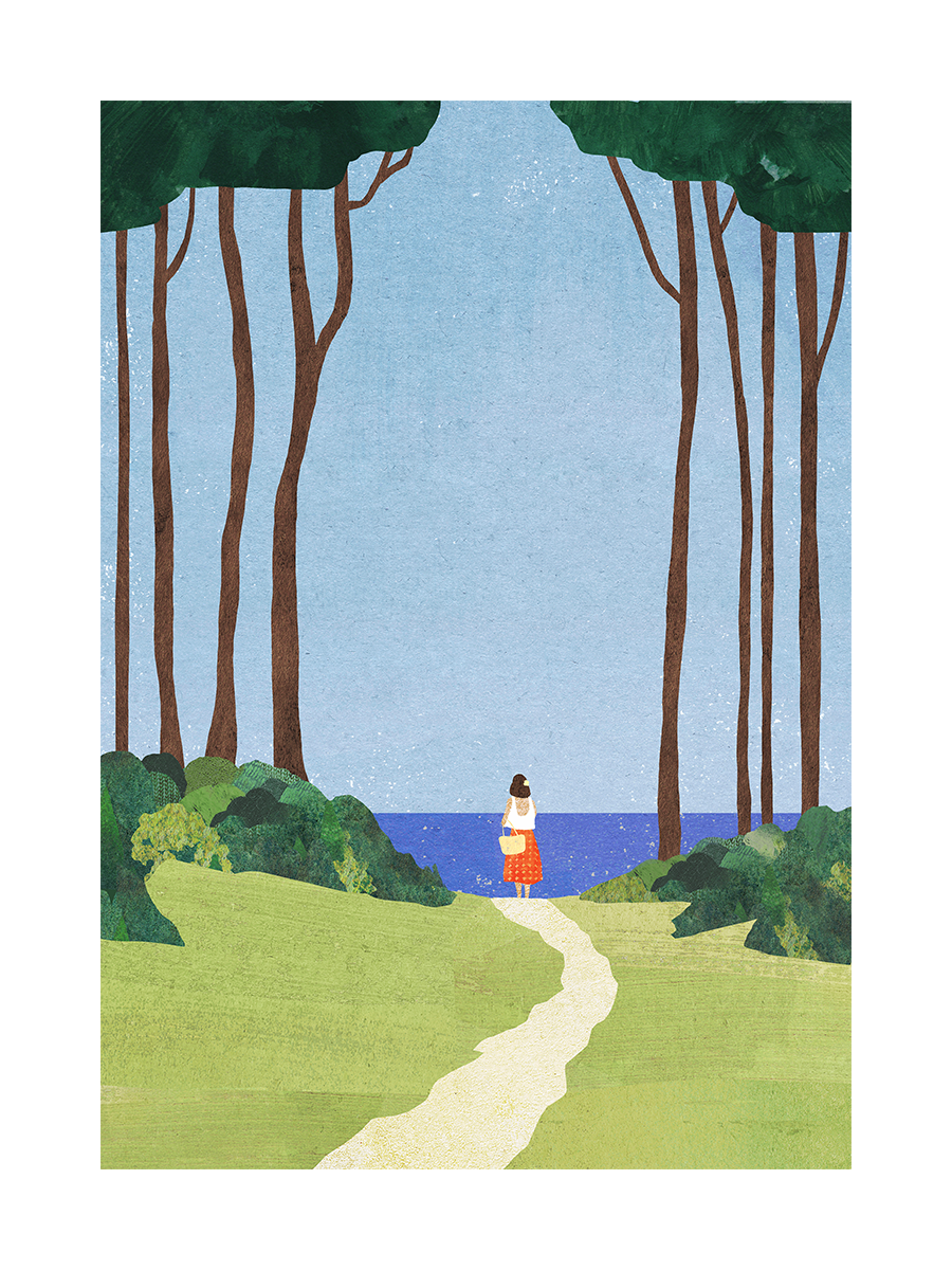 Illustration einer Frau auf einem Weg zwischen Bäumen, die auf das Meer schaut.