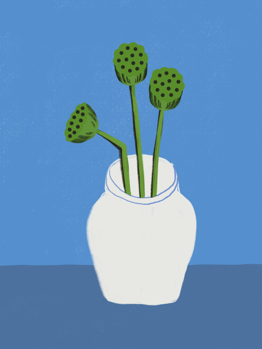 Illustration von grünen Lotusblüten in einer weißen Vase vor einem blauen Hintergrund.