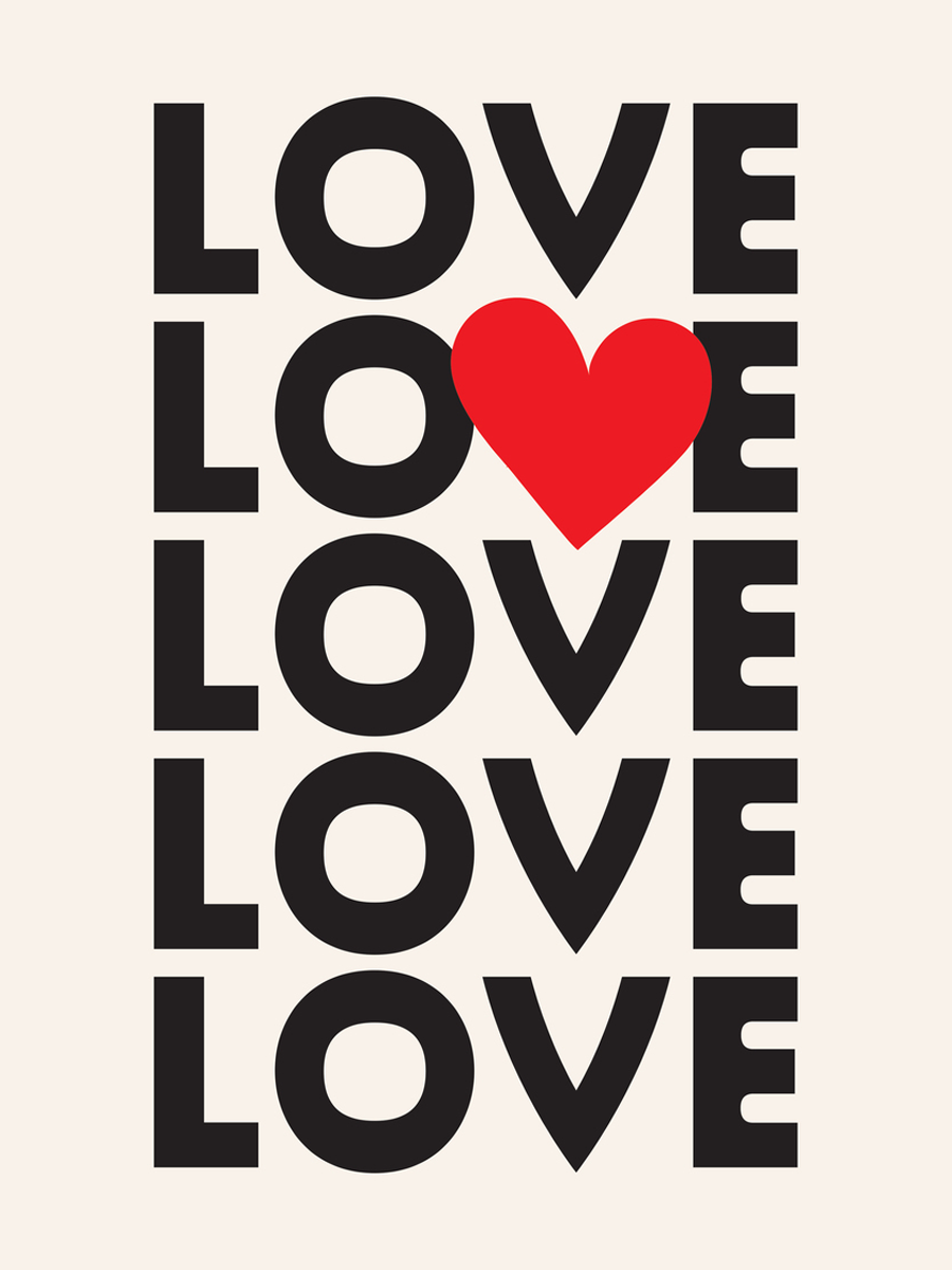 Poster mit dem Wort „Love“ in schwarzer Schrift und einem roten Herz auf hellbeigem Hintergrund.