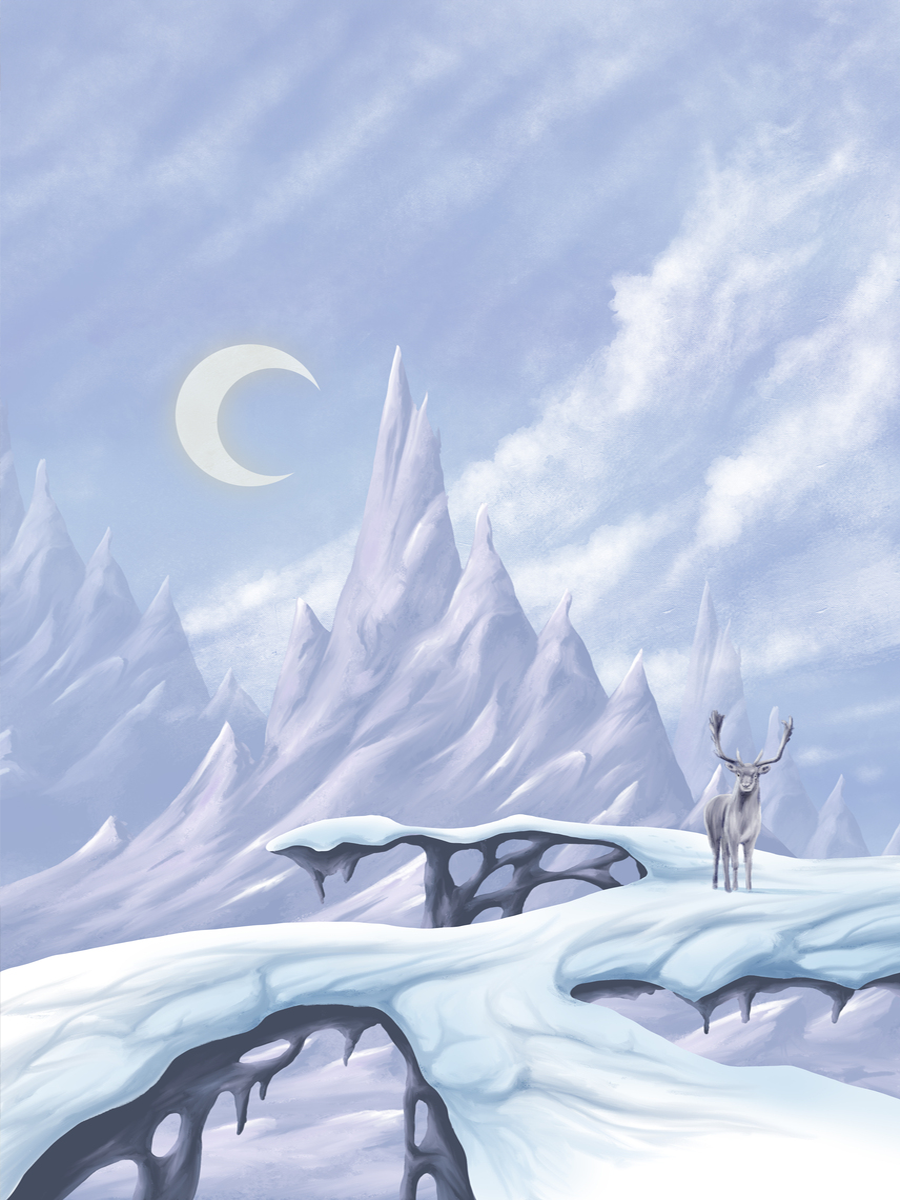 Verschneite Landschaft mit Hirsch und Mond am Himmel vor schneebedeckten Bergen.