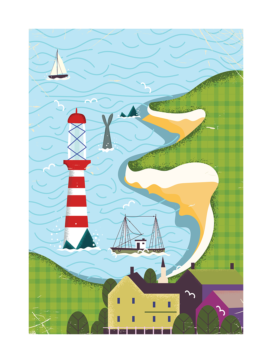 Grafische Illustration einer Karte mit Leuchtturm, Wal, Meer und grünem Dorf.