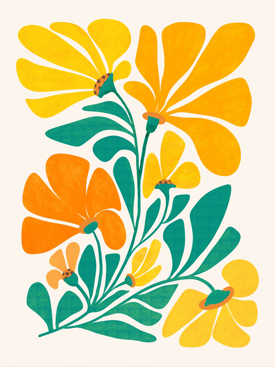 Illustration von Marienkäfern auf gelben und orangen Blüten mit grünen Blättern auf hellem beigem Hintergrund.
