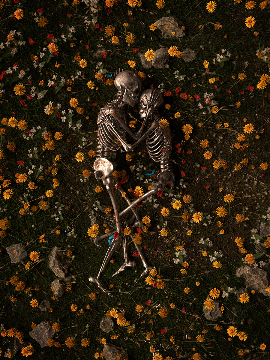 Zwei umarmende Skelette, umgeben von gelben Blumen.