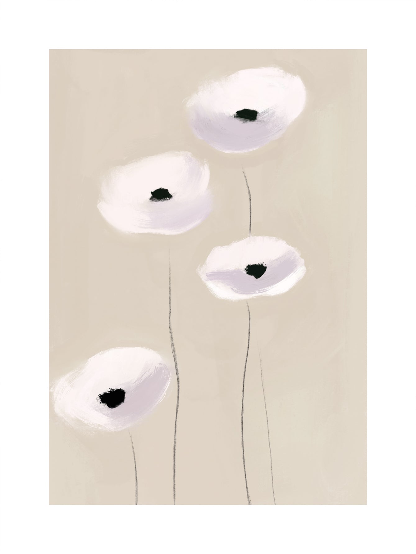 Grafische Illustration von vier weißen Blumen mit schwarzen Mitten vor einem beigen Hintergrund.