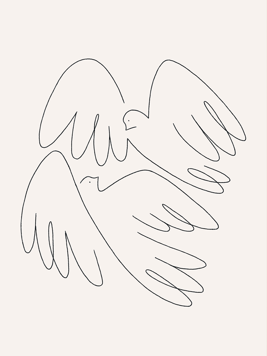 Linienkunst-Illustration von zwei Vögeln auf beigem Hintergrund.