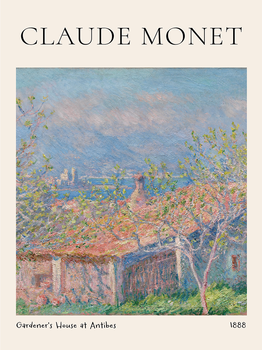 Poster eines Gartens in Antibes mit grünen, blauen und rosa Tönen und schwarzem Text auf beigem Hintergrund.