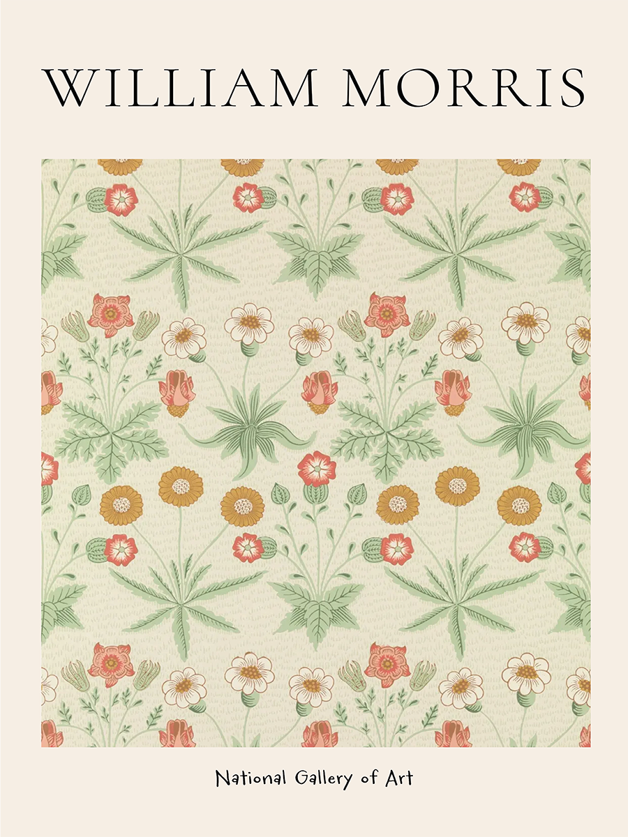 Poster mit einem Blumenmuster in Grün und Rot auf beigem Hintergrund, mit den Worten "William Morris" oben und "National Gallery of Art" unten.