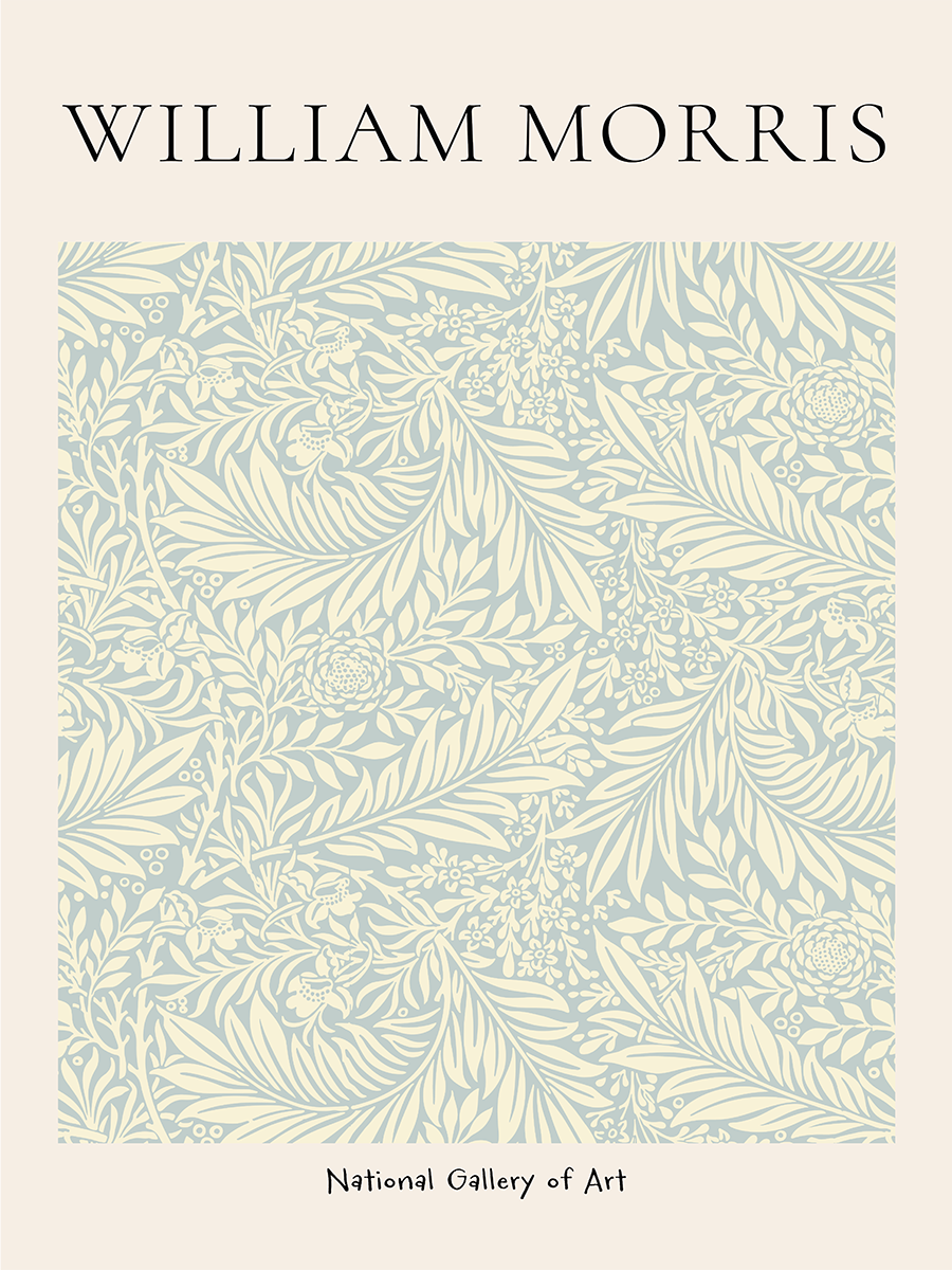 Kunstposter mit beigem Blumenmuster auf hellblauem Hintergrund, beschriftet mit "William Morris" und "National Gallery of Art".