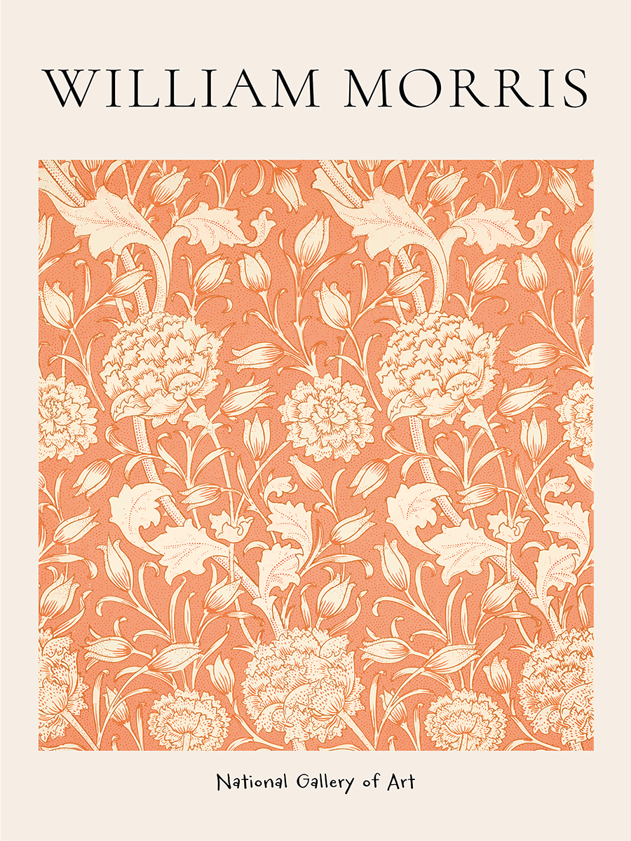Poster mit orangefarbenem Blumenmuster und den Aufdrucken William Morris und National Gallery of Art.