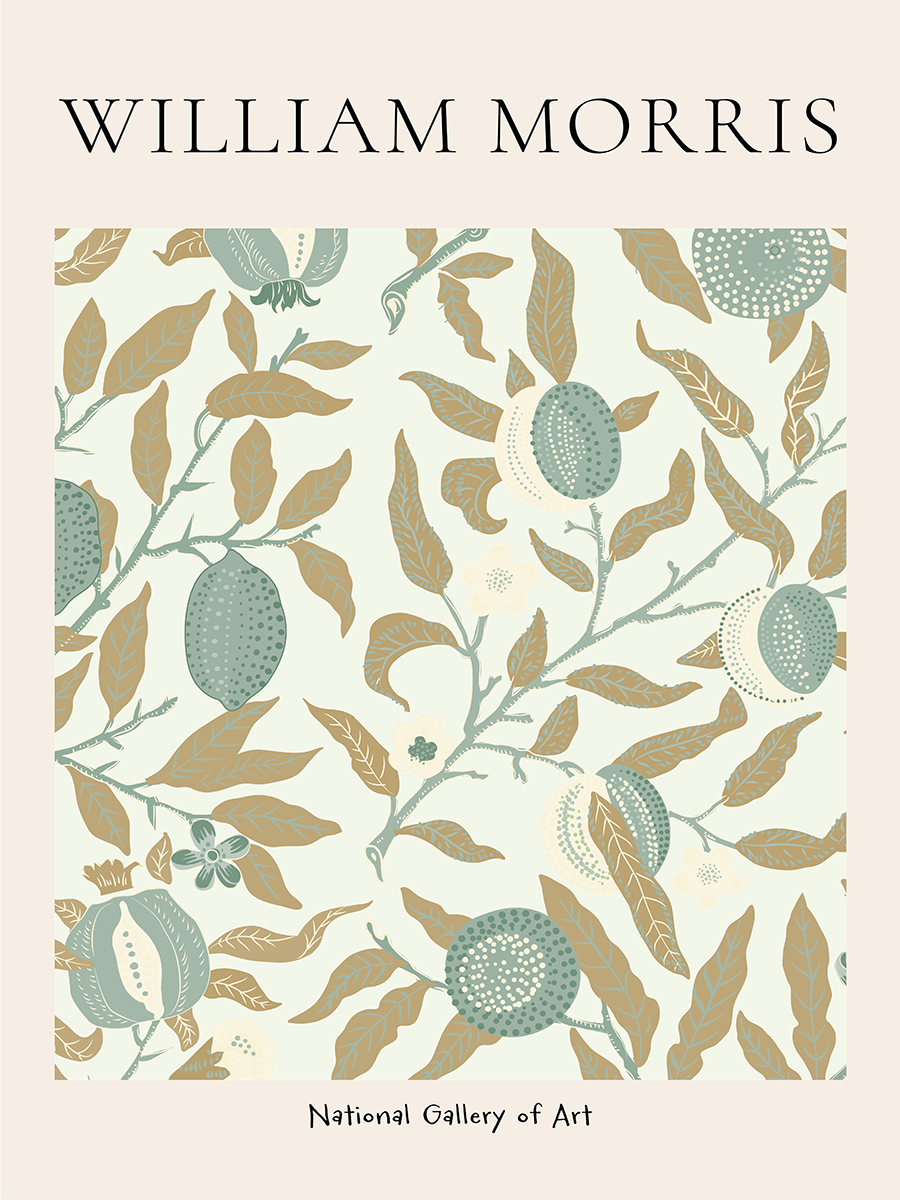Botanisches Musterposter mit Pflanzen und Früchten auf hellgrünem Hintergrund, beschriftet mit "William Morris" und "National Gallery of Art".