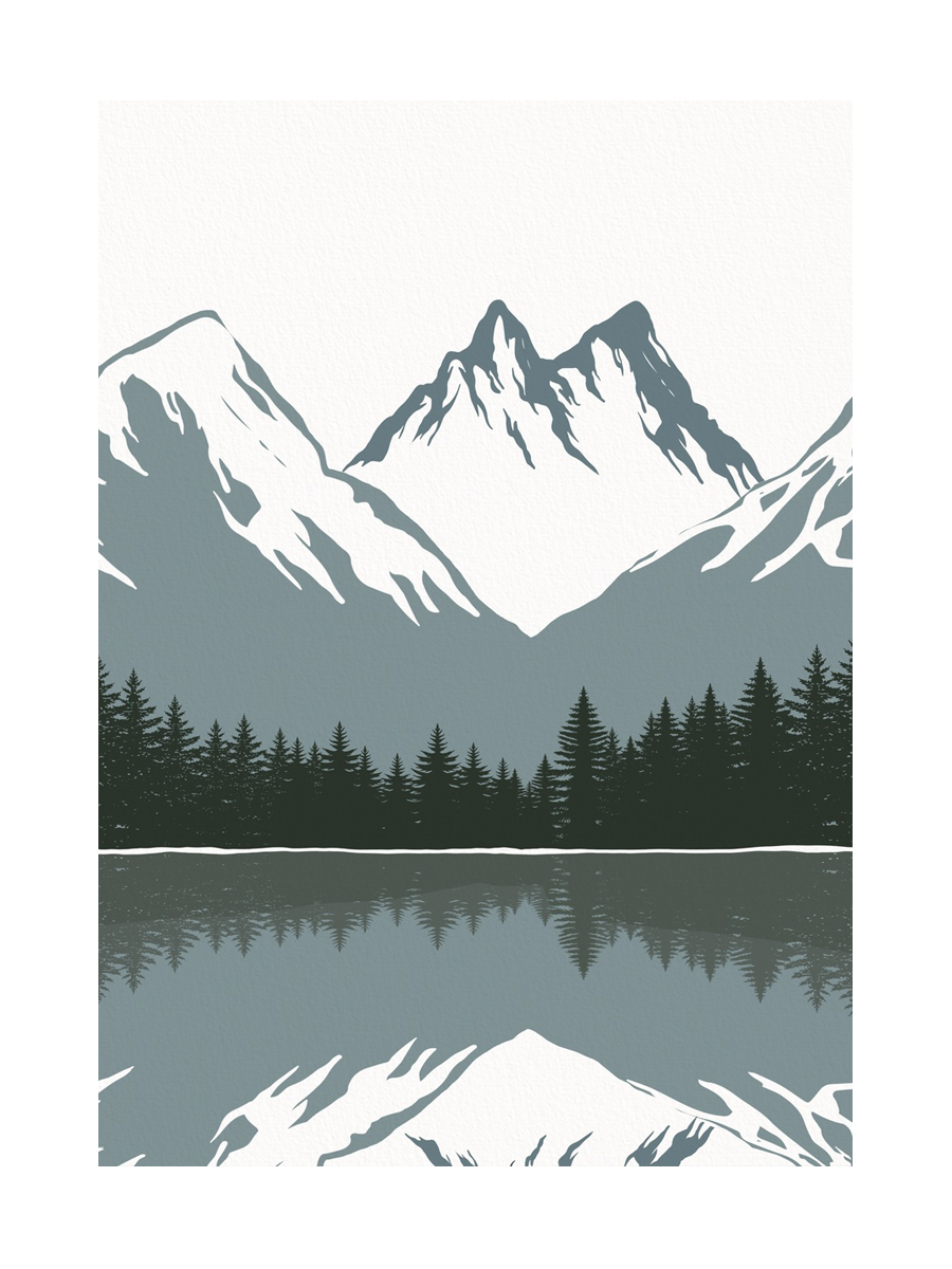 Grafische Illustration von schneebedeckten Bergen und einem Wald, der sich im Wasser spiegelt.