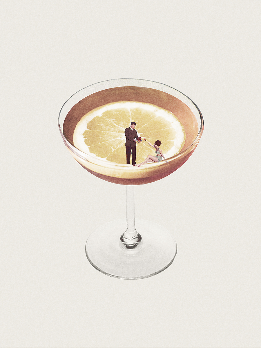 Illustration eines Cocktailglases mit einer Zitronenscheibe und einem Paar darauf.