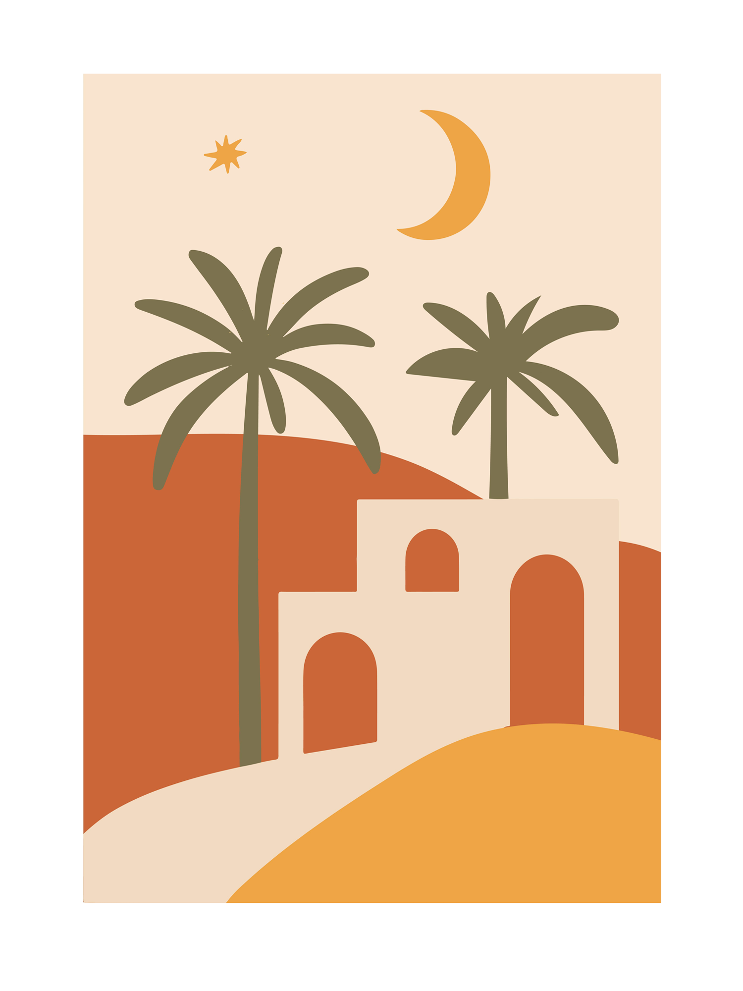 Grafische Illustration mit zwei Palmen und einem Gebäude vor einem orangefarbenen Hügel mit Mond und Sternen am Himmel.
