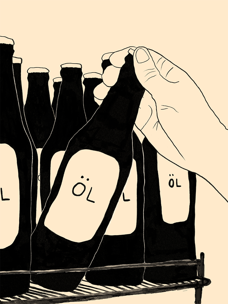 Illustration einer Hand, die eine Bierflasche mit dem Text "Öl" aus einem Regal nimmt.