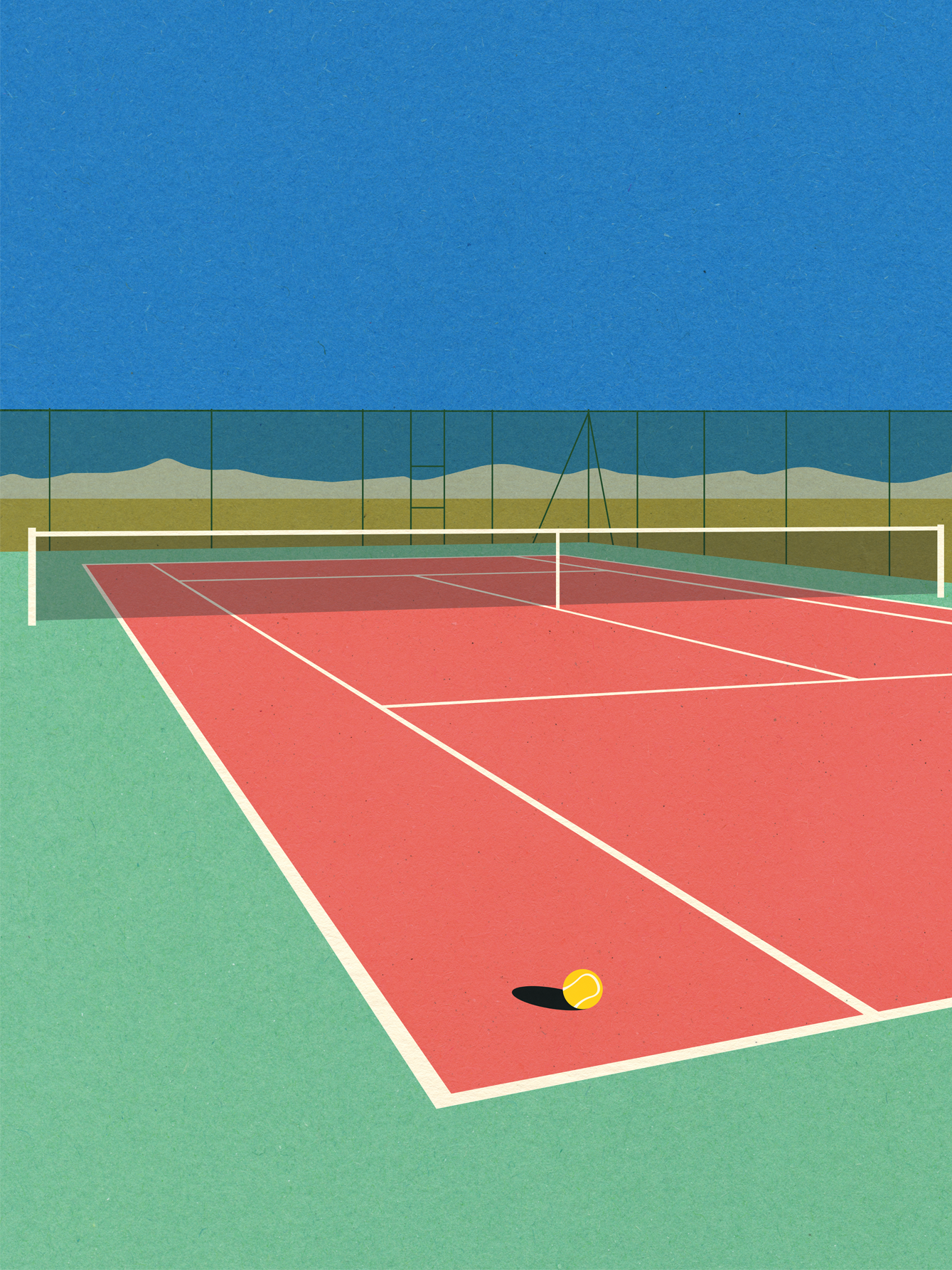 Illustration eines Tennisplatzes mit rotem und grünem Boden, einem gelben Tennisball und blauem Himmel.