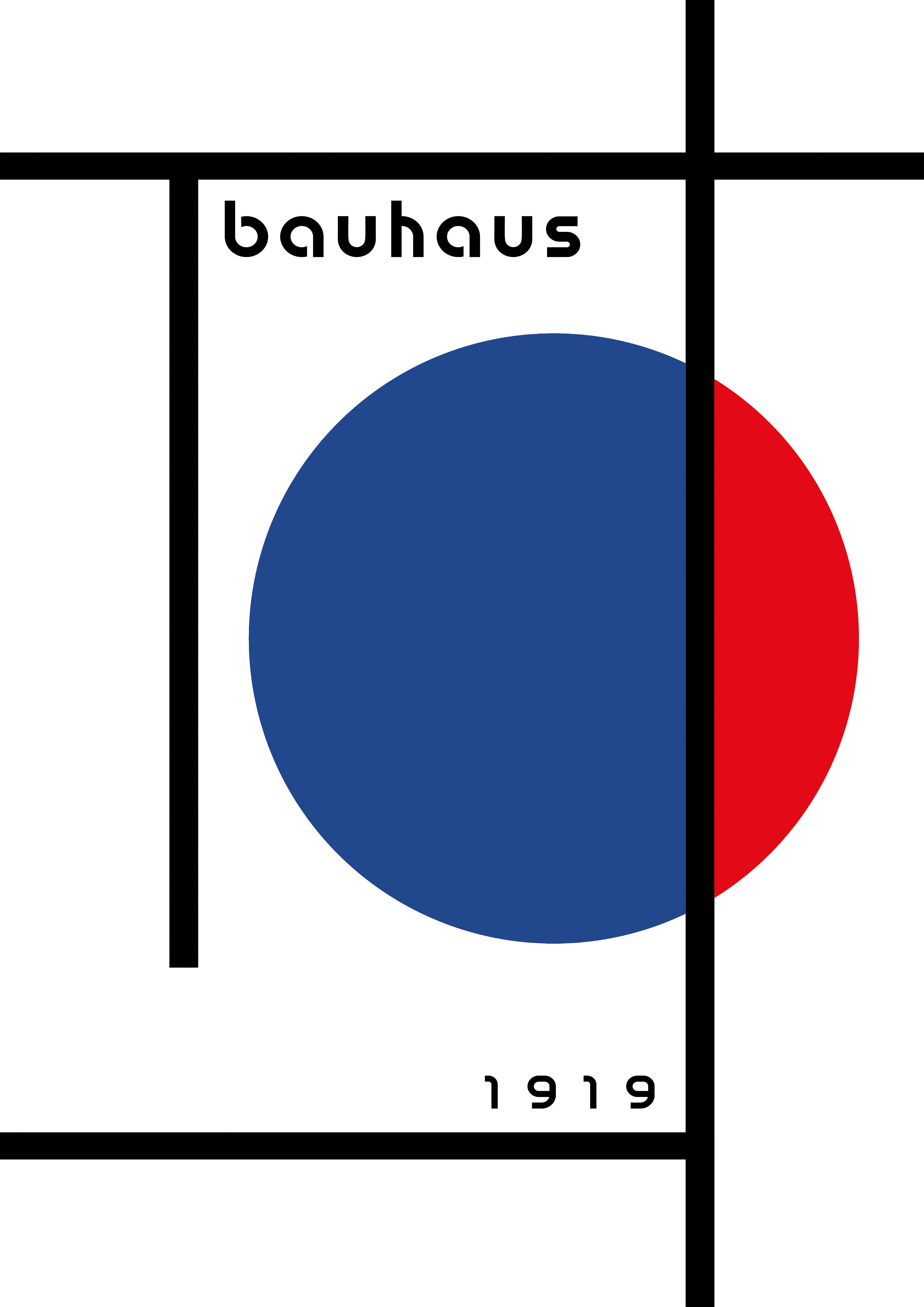 Grafik mit schwarzen Linien und einem blauen und roten Kreis auf weißem Hintergrund mit dem Text "Bauhaus 1919".